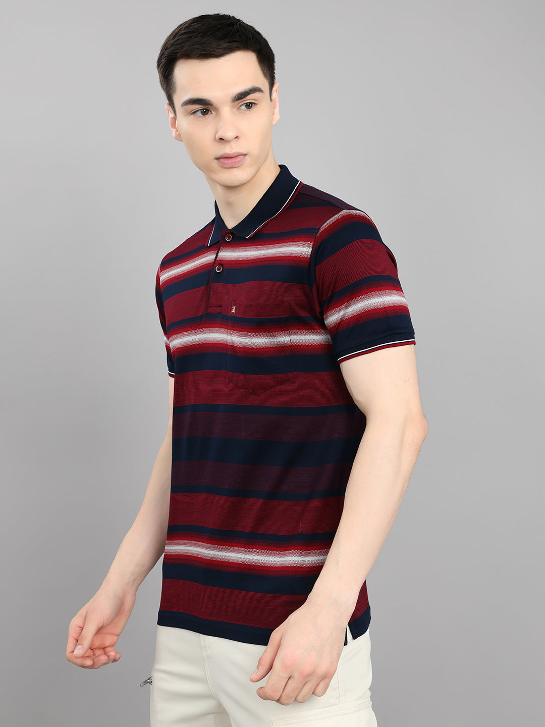 Luxuria Men Maroon Stripe Collar Half Sleeve T-Shirt
