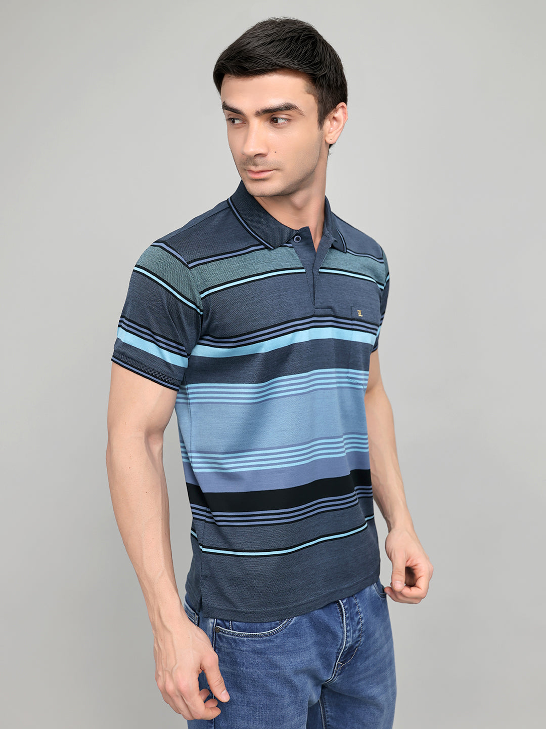 Luxuria Men Navy Blue Printed Collar Half Sleeve T-Shirt