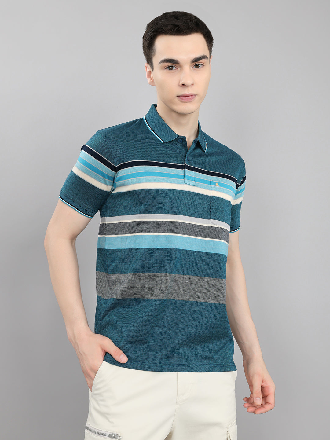 Luxuria Men Teal Blue Stripe Collar Half Sleeve T-Shirt