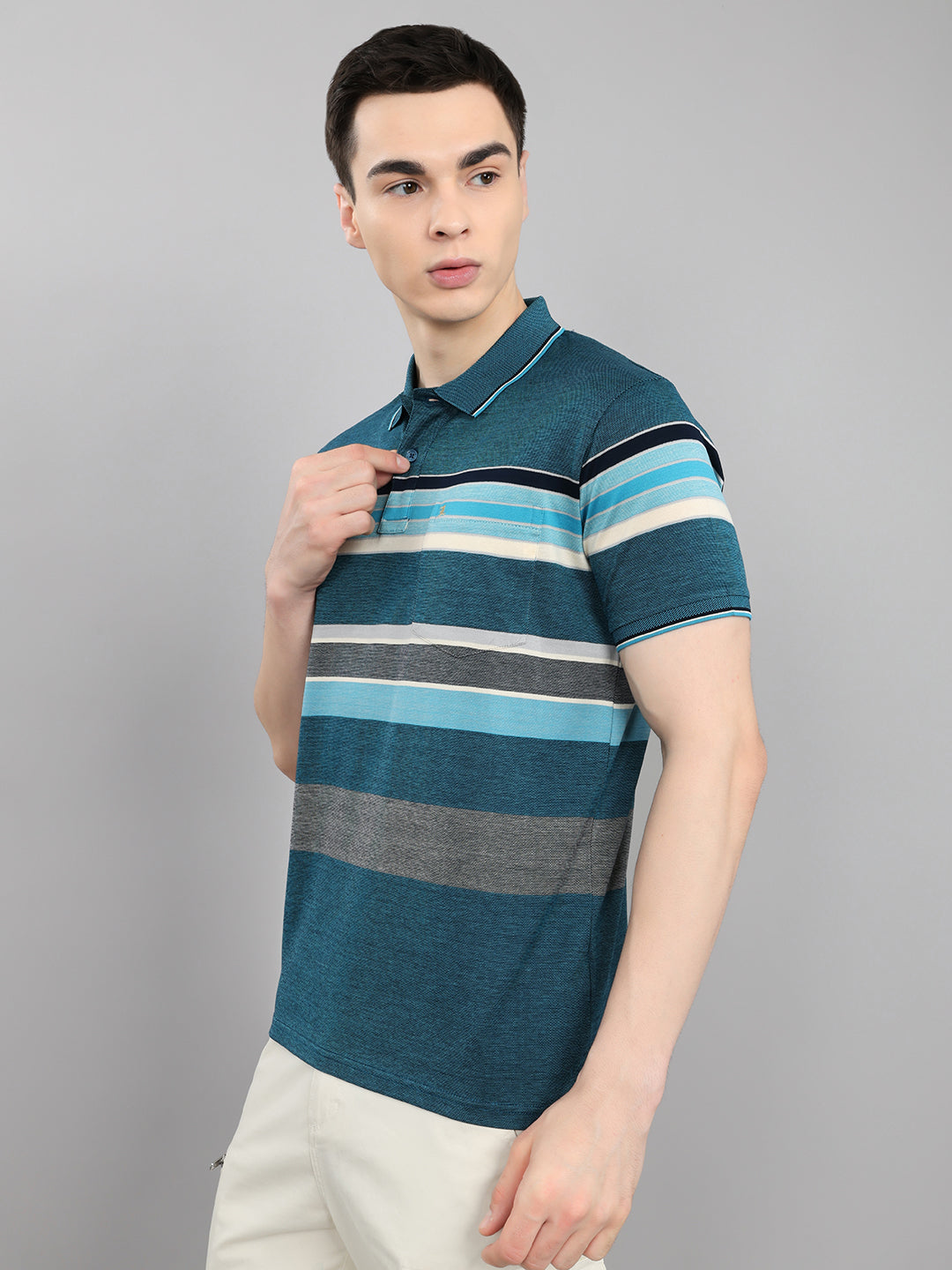 Luxuria Men Teal Blue Stripe Collar Half Sleeve T-Shirt