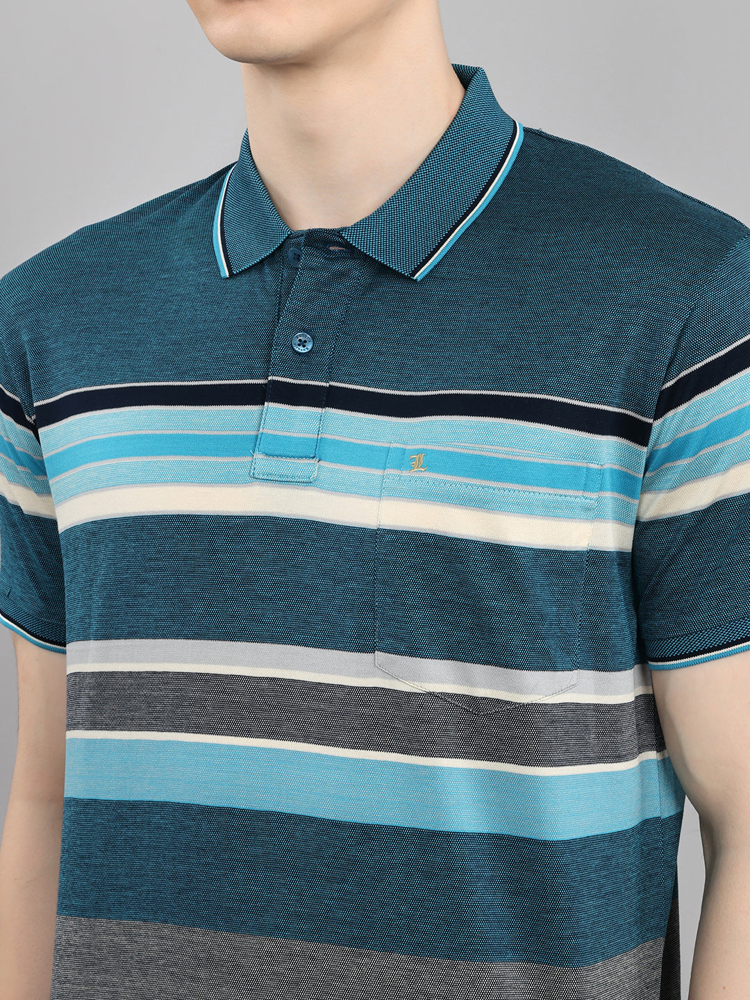 Luxuria Men Teal Blue Stripe Collar Half Sleeve T-Shirt