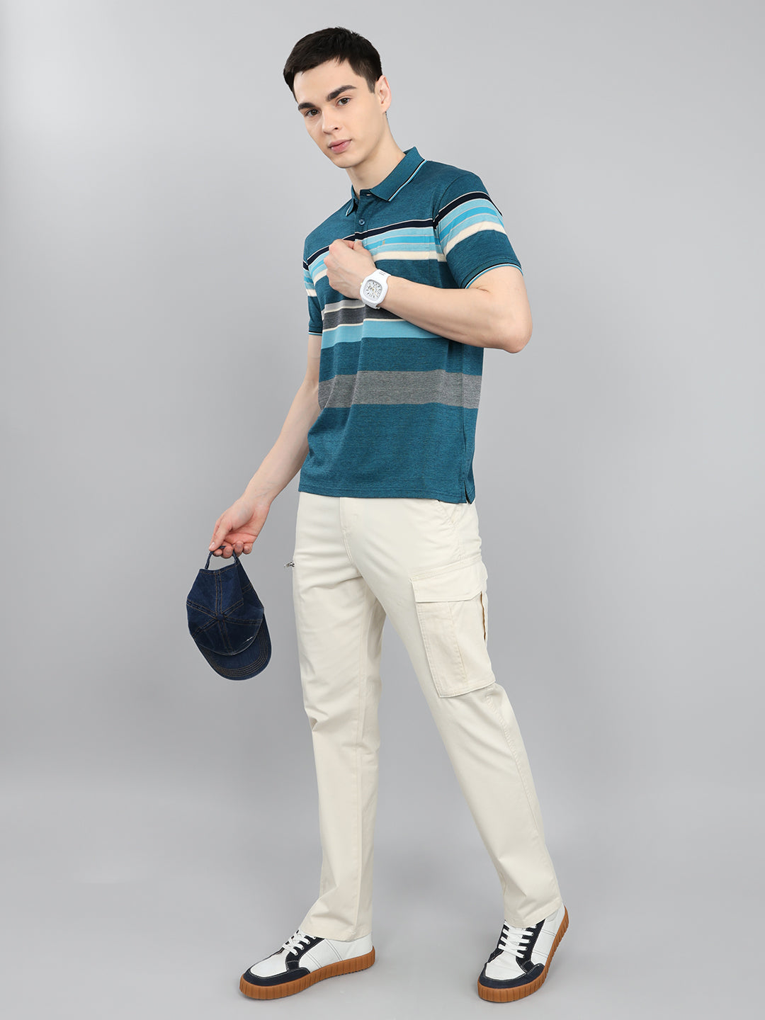 Luxuria Men Teal Blue Stripe Collar Half Sleeve T-Shirt