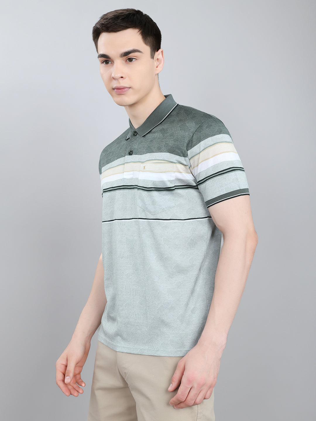 Luxuria Men Sea Green Stripe Collar Half Sleeve T-Shirt