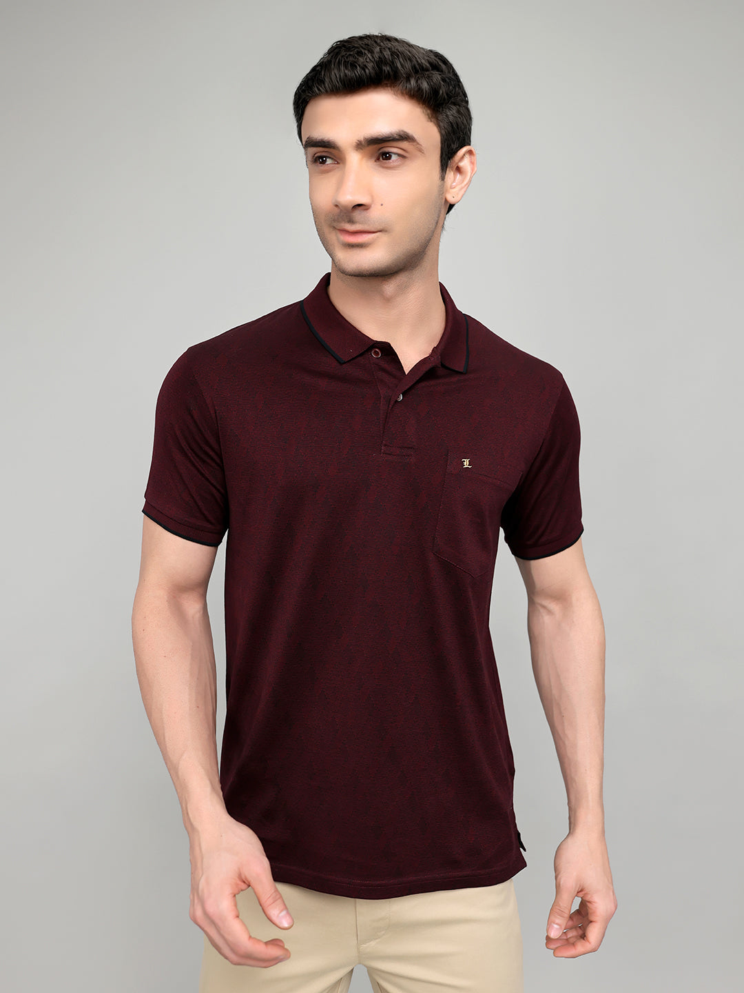 Luxuria Men Maroon Solid Collar Half Sleeve T-Shirt