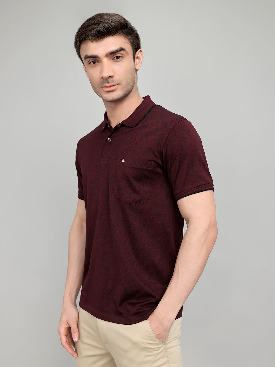 Luxuria Men Maroon Solid Collar Half Sleeve T-Shirt