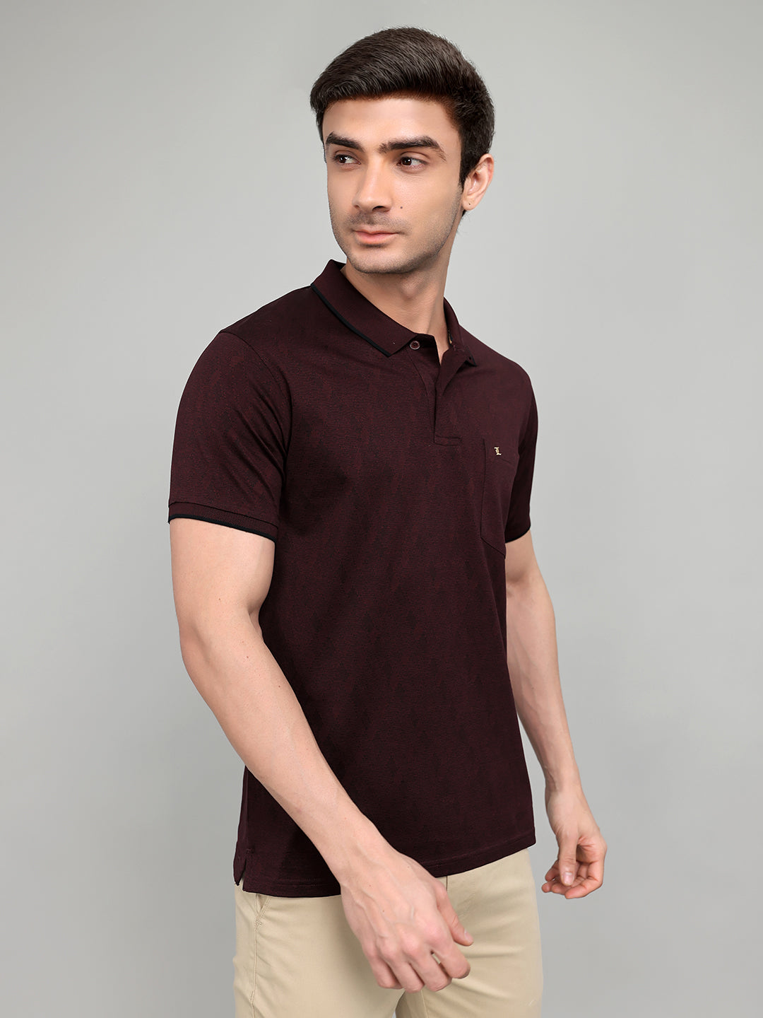 Luxuria Men Maroon Solid Collar Half Sleeve T-Shirt