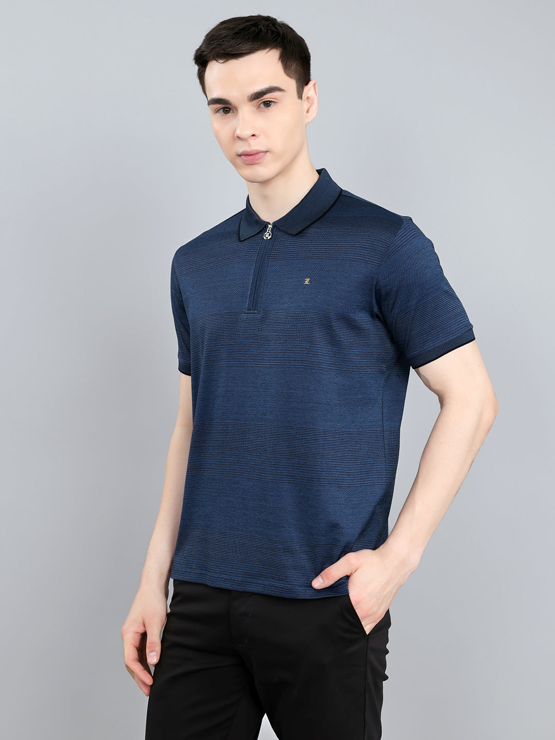 Luxuria Men Blue Printed Collar Half Sleeve T-Shirt