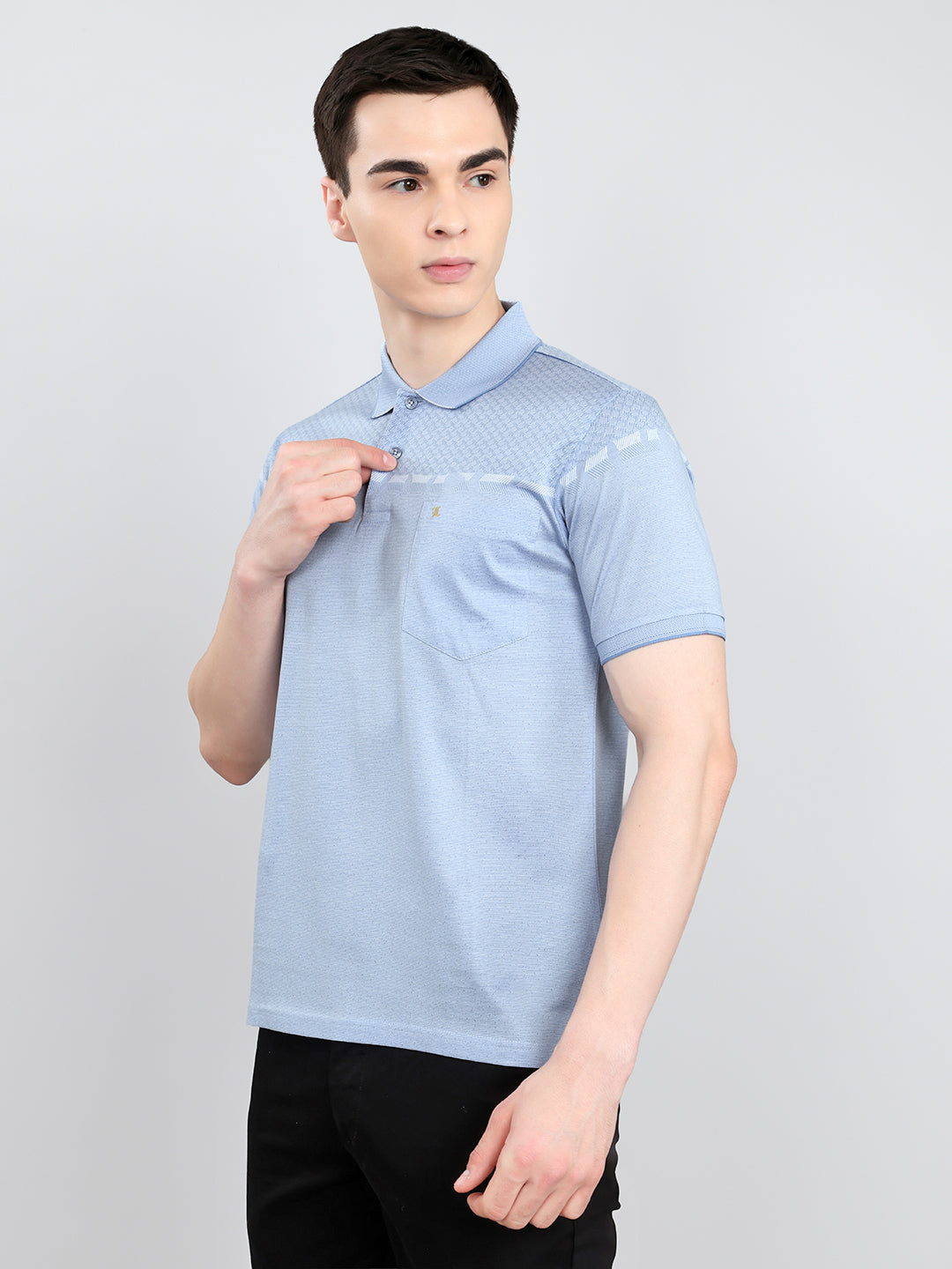 Luxuria Men Sky Blue Printed Collar Half Sleeve T-Shirt