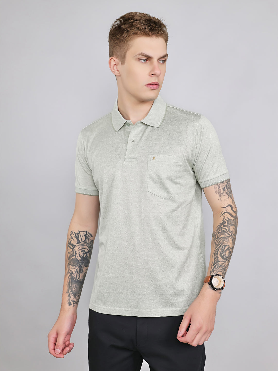 Luxuria Men Sea Green Printed Collar Half Sleeve T-Shirt