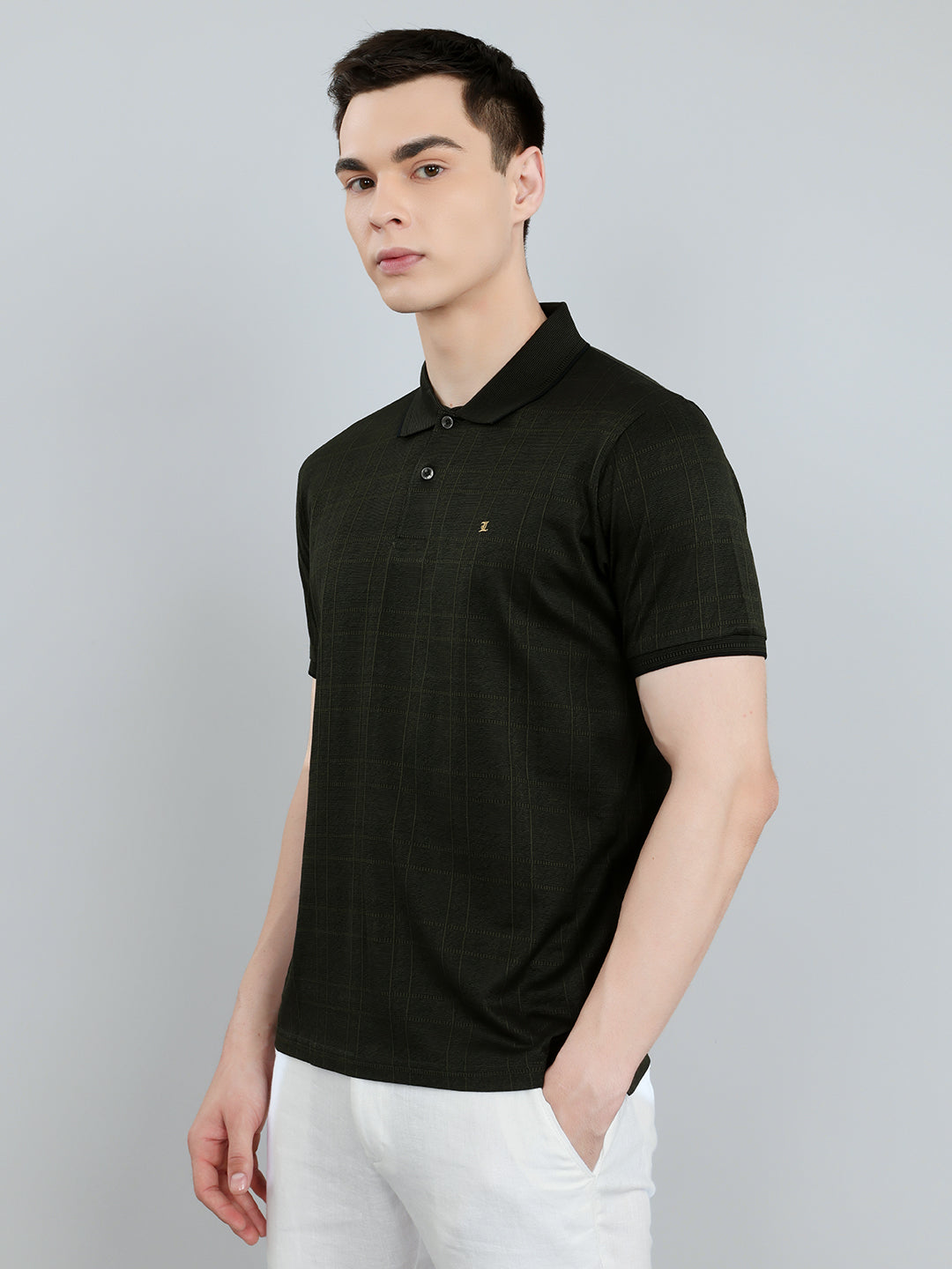Luxuria Men Olive Stripe Collar Half Sleeve T-Shirt
