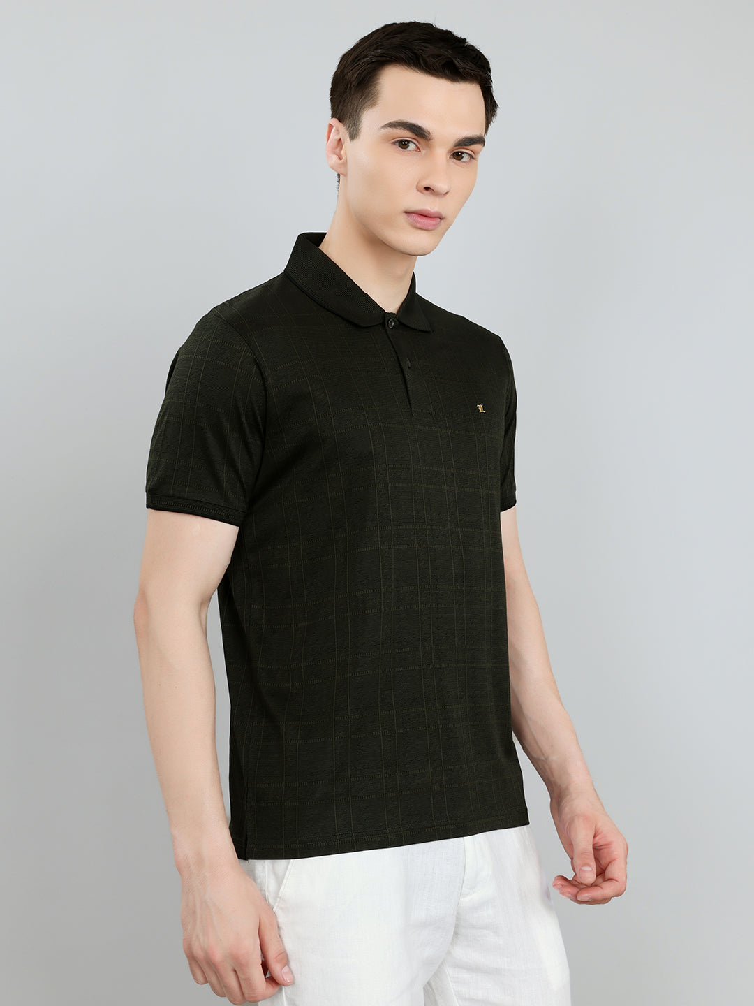 Luxuria Men Olive Stripe Collar Half Sleeve T-Shirt