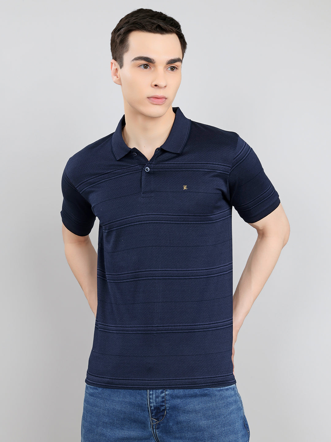 Luxuria Men Navy Blue Printed Collar Half Sleeve T-Shirt