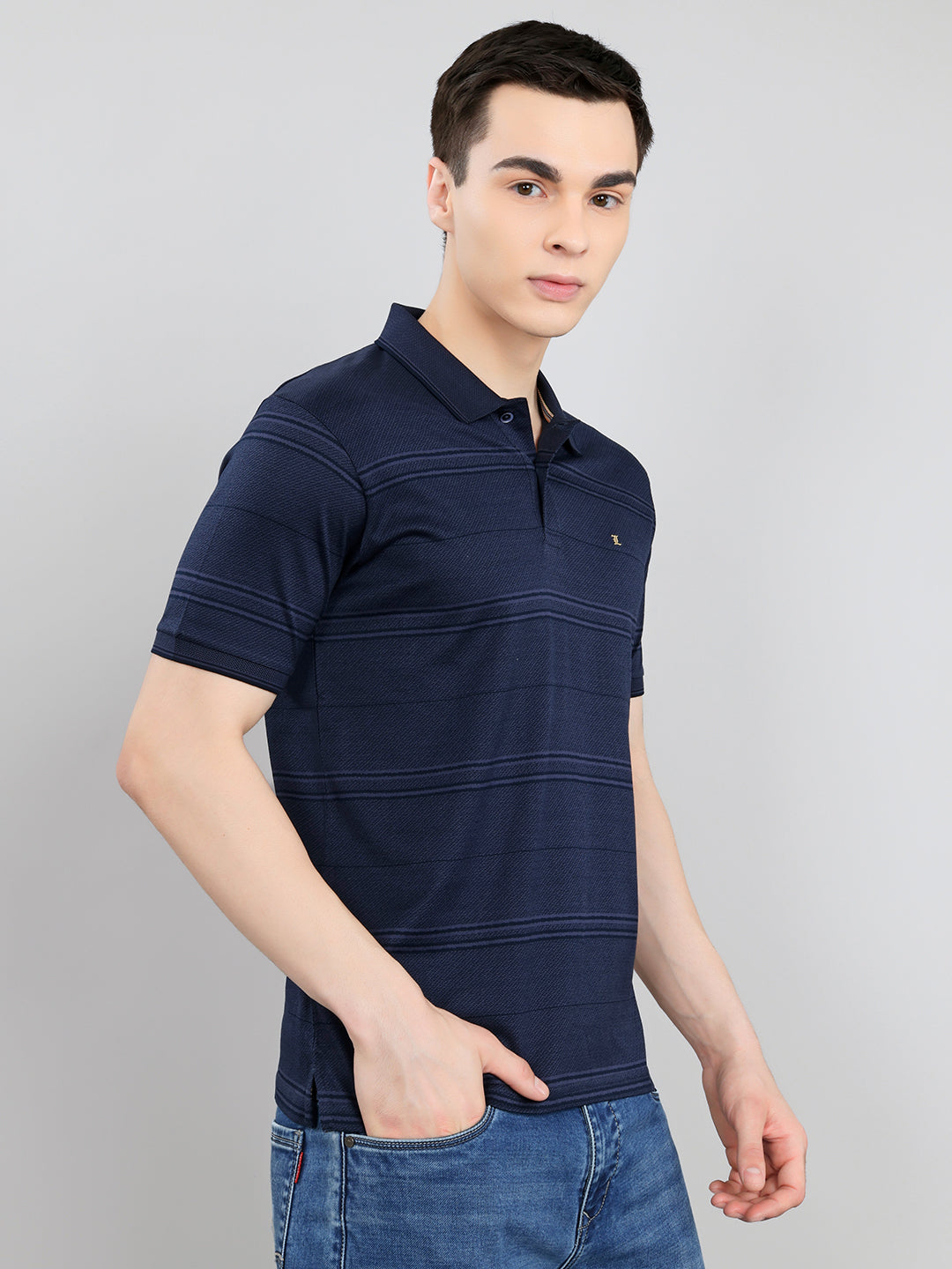 Luxuria Men Navy Blue Printed Collar Half Sleeve T-Shirt