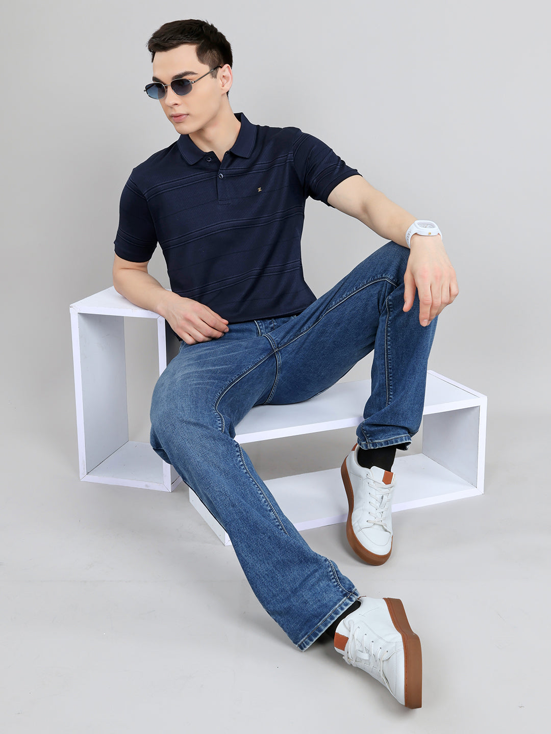 Luxuria Men Navy Blue Printed Collar Half Sleeve T-Shirt