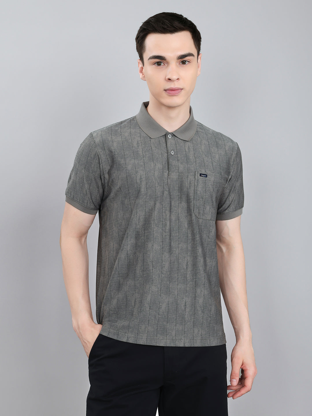 Men Grey Stripe Collar Half Sleeve T-Shirt