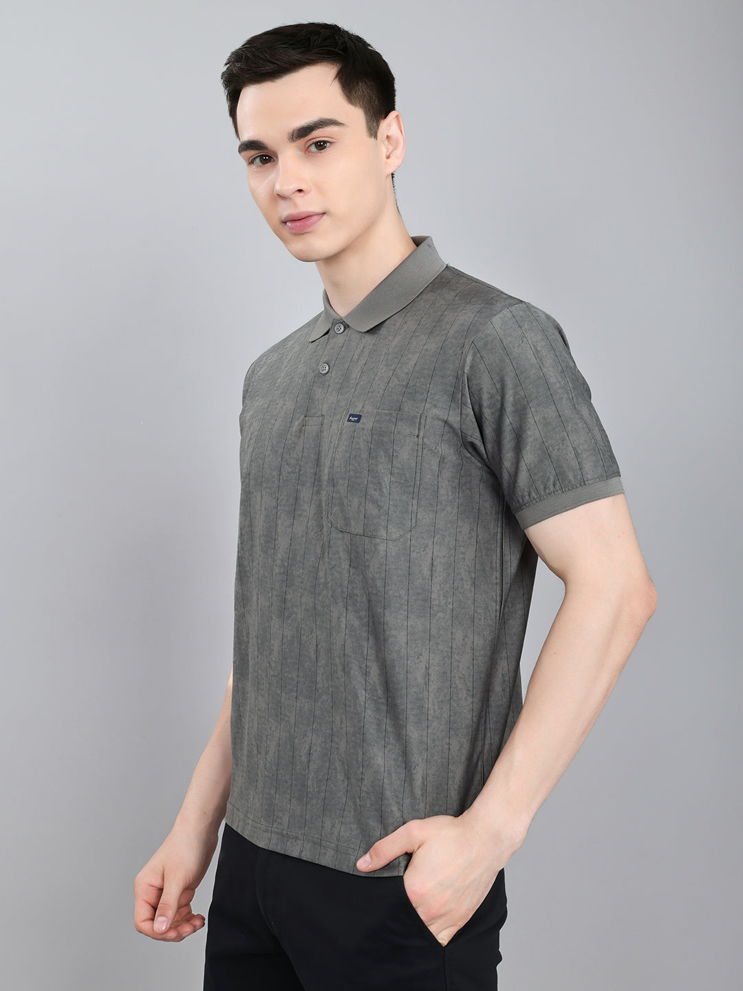 Men Grey Stripe Collar Half Sleeve T-Shirt
