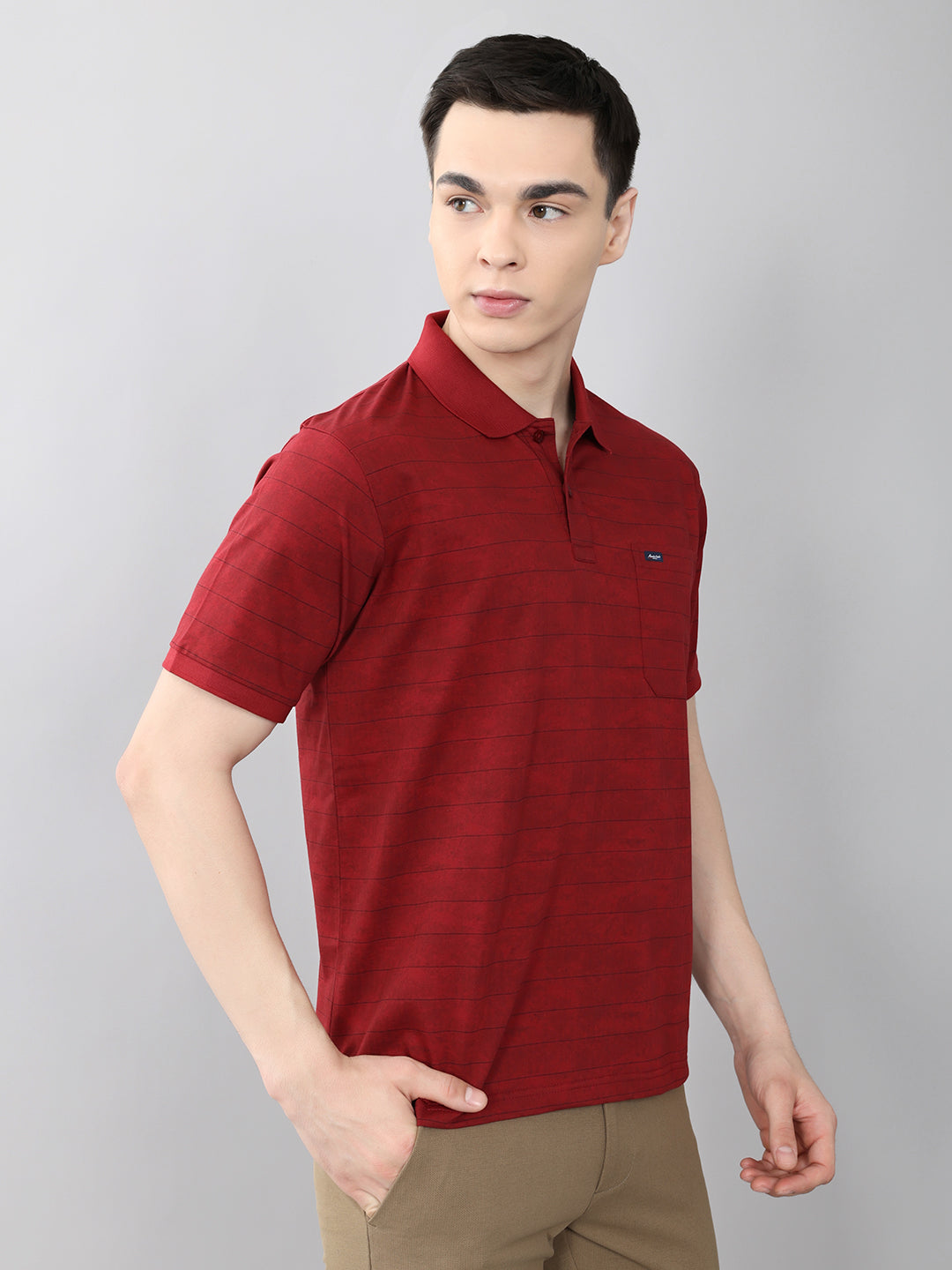Men Maroon Stripe Collar Half Sleeve T-Shirt
