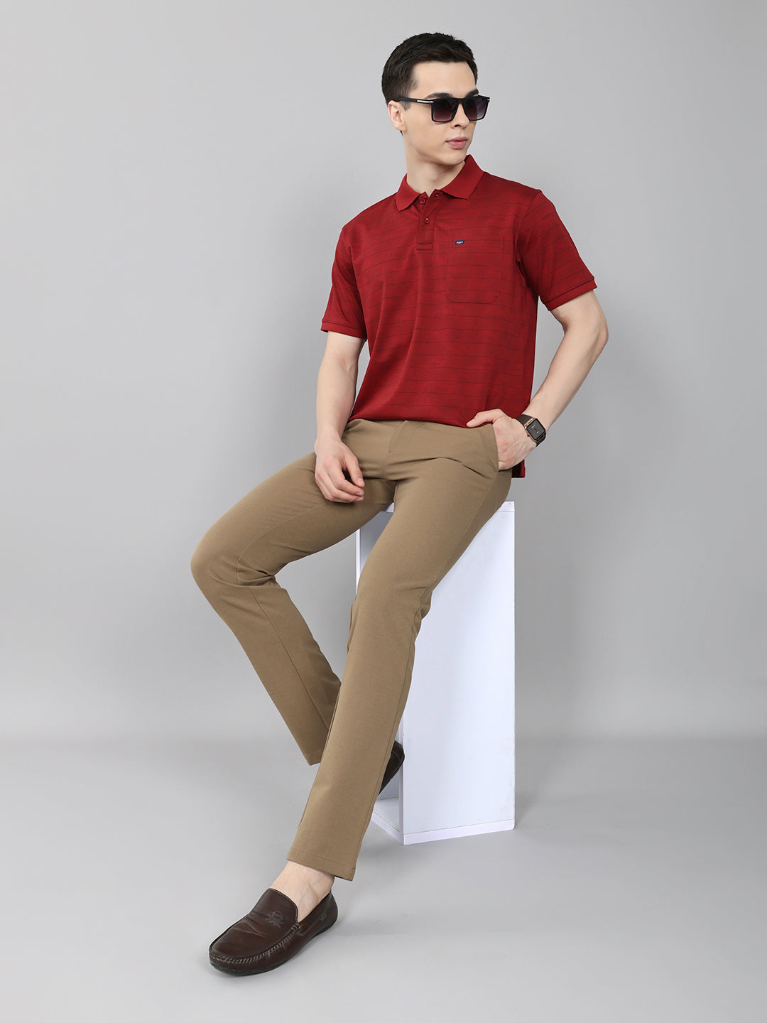 Men Maroon Stripe Collar Half Sleeve T-Shirt