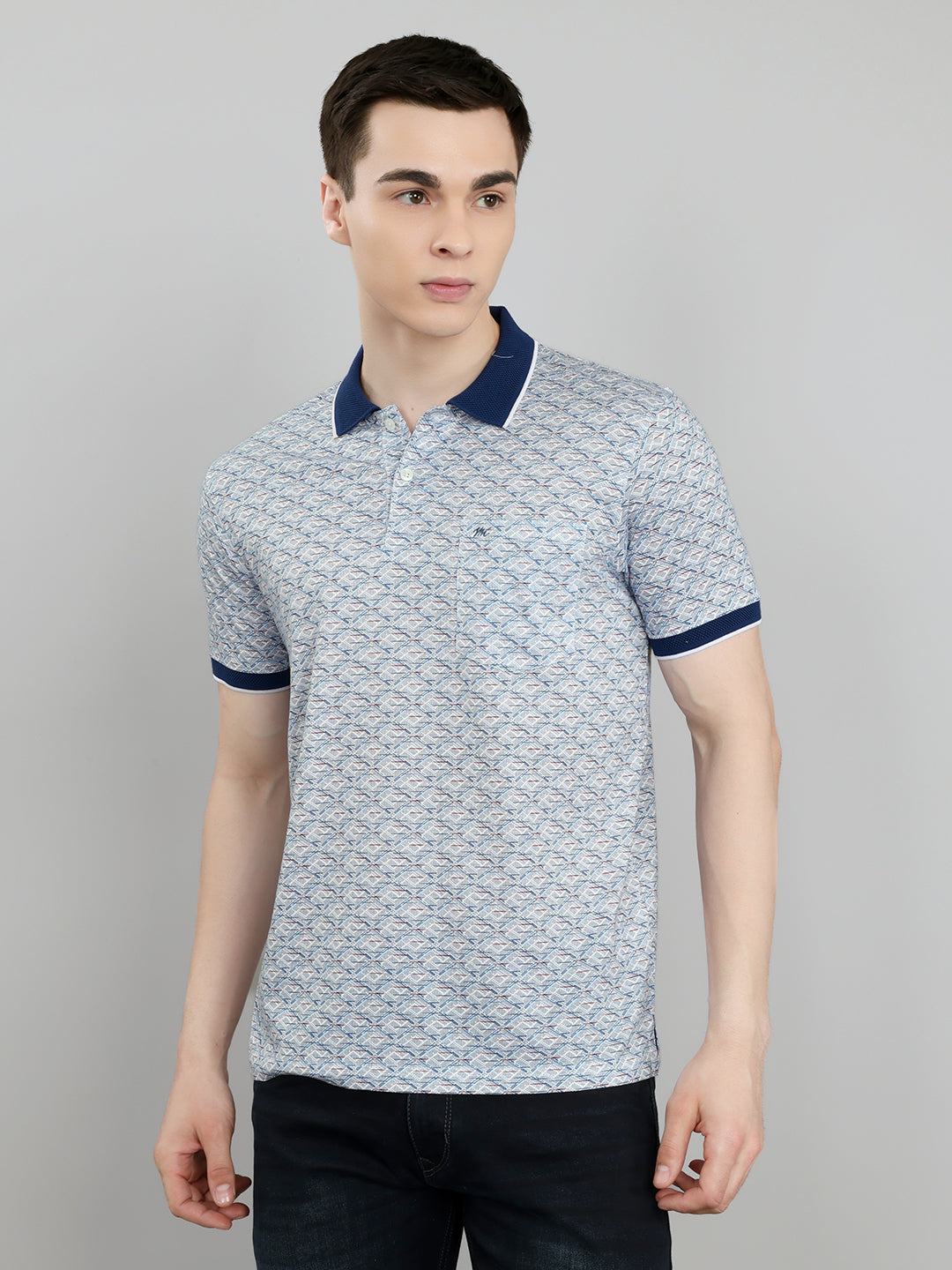 Men Blue Printed Collar Half Sleeve T-Shirt
