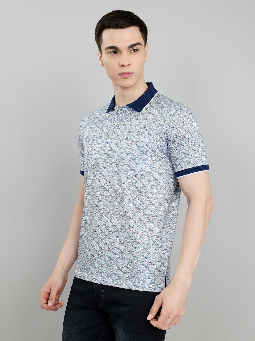 Men Blue Printed Collar Half Sleeve T-Shirt