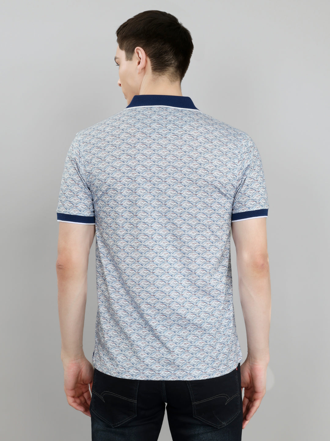 Men Blue Printed Collar Half Sleeve T-Shirt