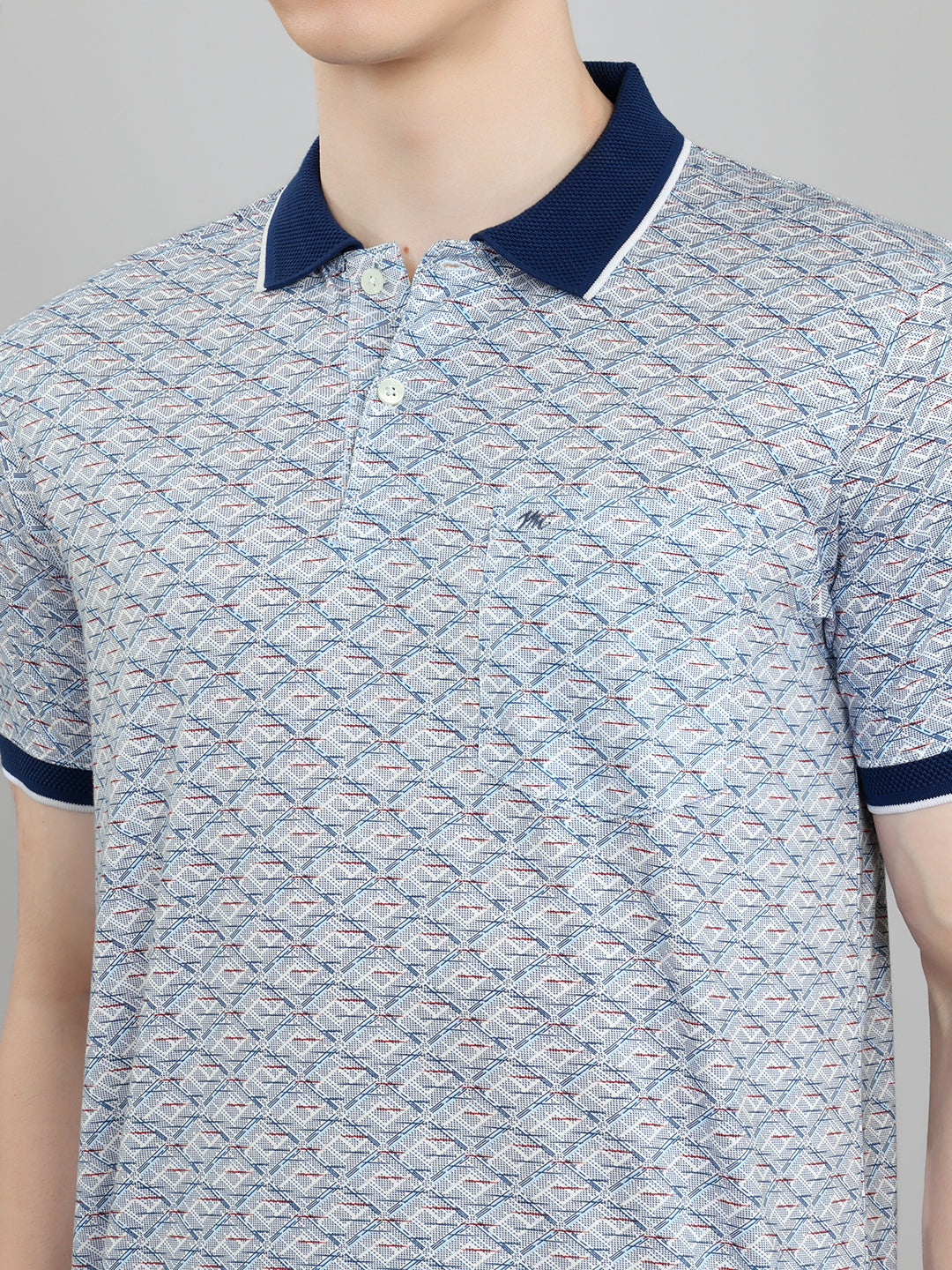 Men Blue Printed Collar Half Sleeve T-Shirt