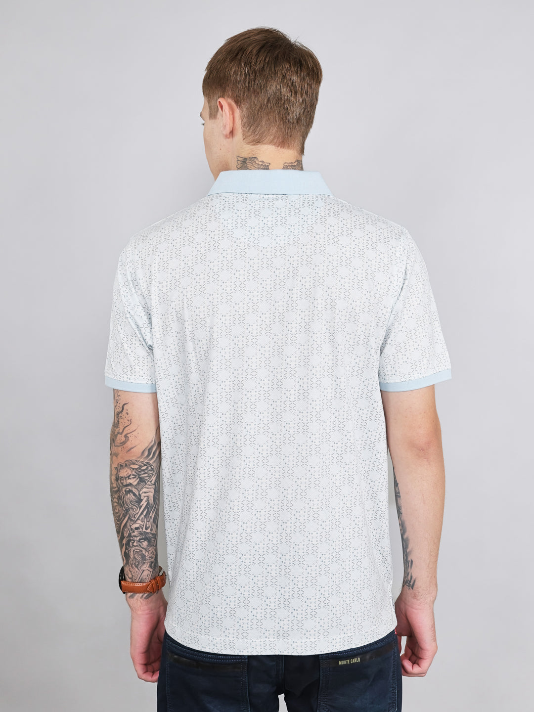 Men Sky Blue Printed Collar Half Sleeve T-Shirt