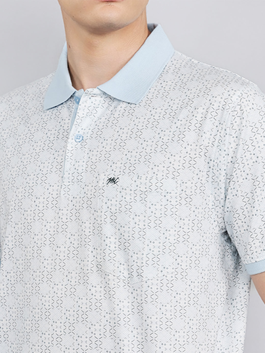 Men Sky Blue Printed Collar Half Sleeve T-Shirt