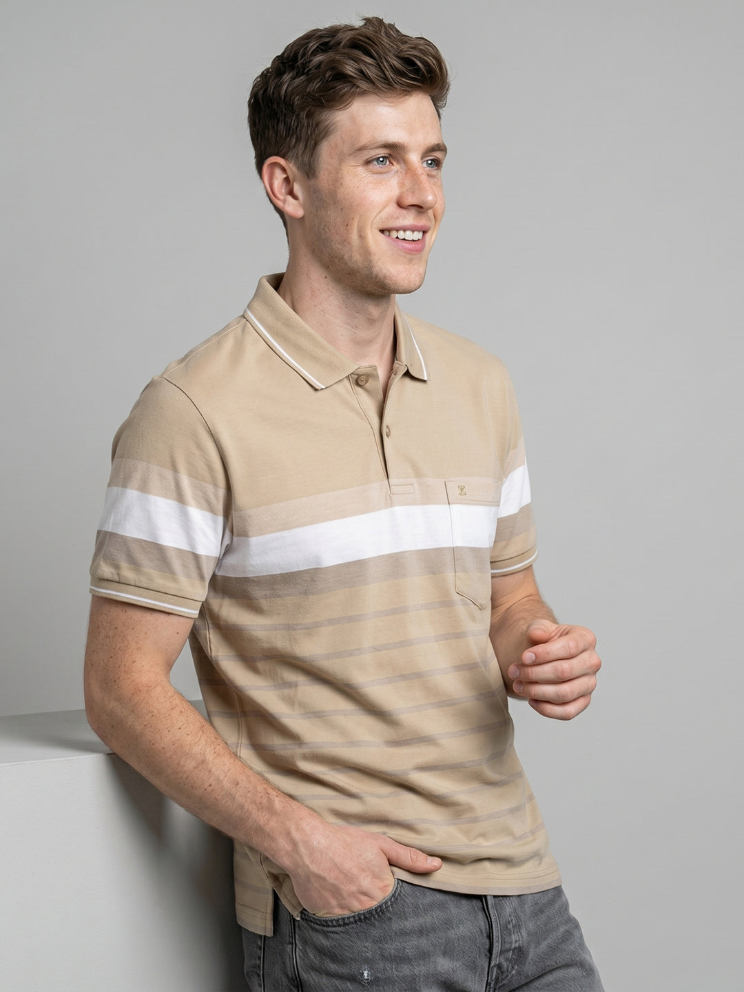 Men Beige Stripe Polo Collar Half Sleeve T-Shirt