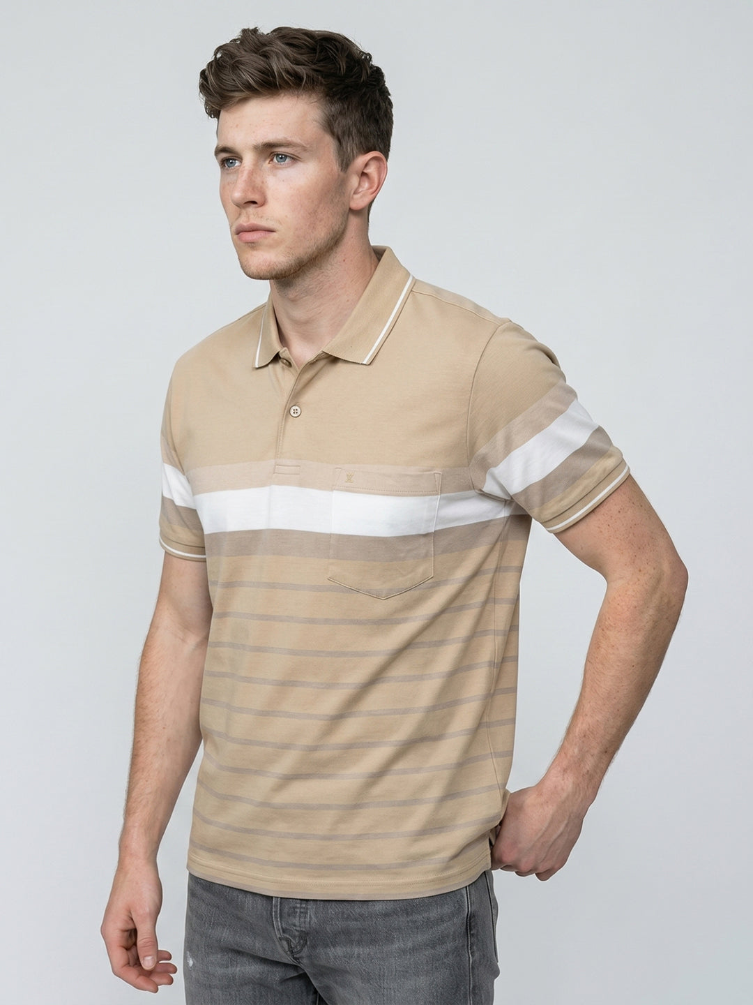 Men Beige Stripe Polo Collar Half Sleeve T-Shirt