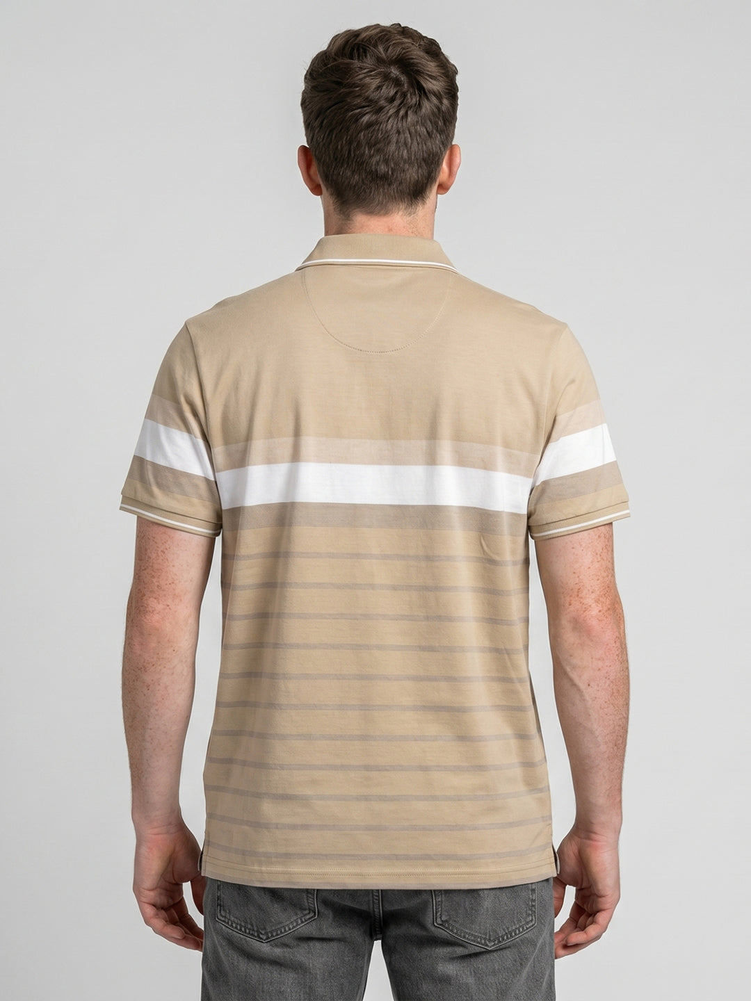 Men Beige Stripe Polo Collar Half Sleeve T-Shirt