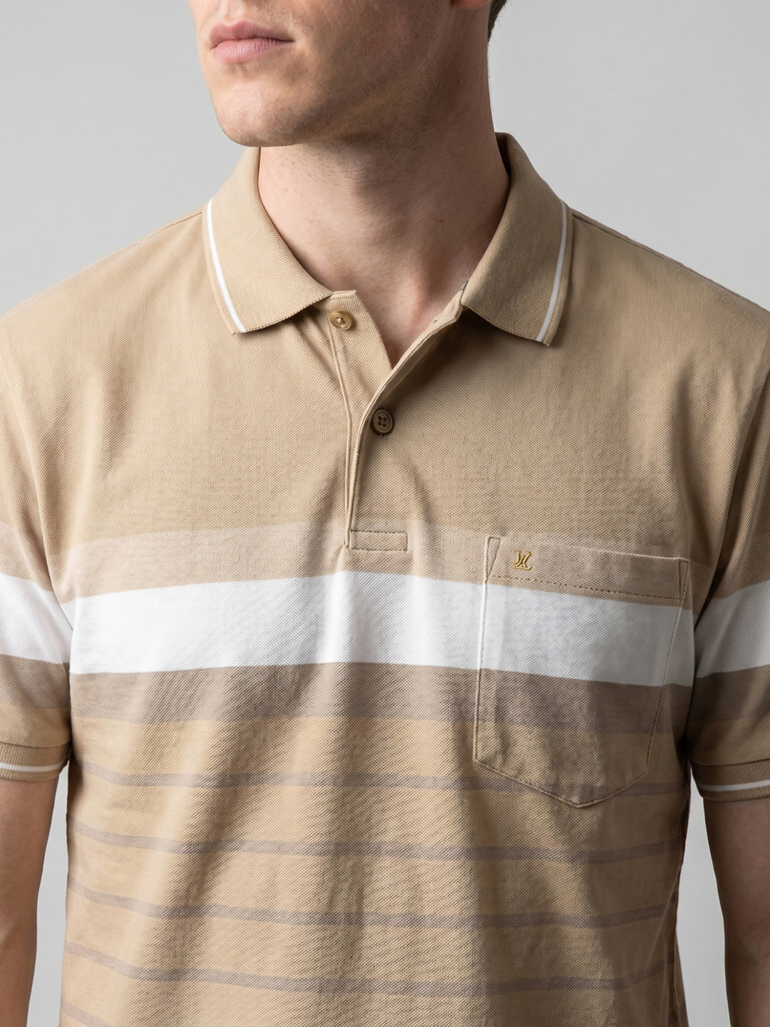 Men Beige Stripe Polo Collar Half Sleeve T-Shirt