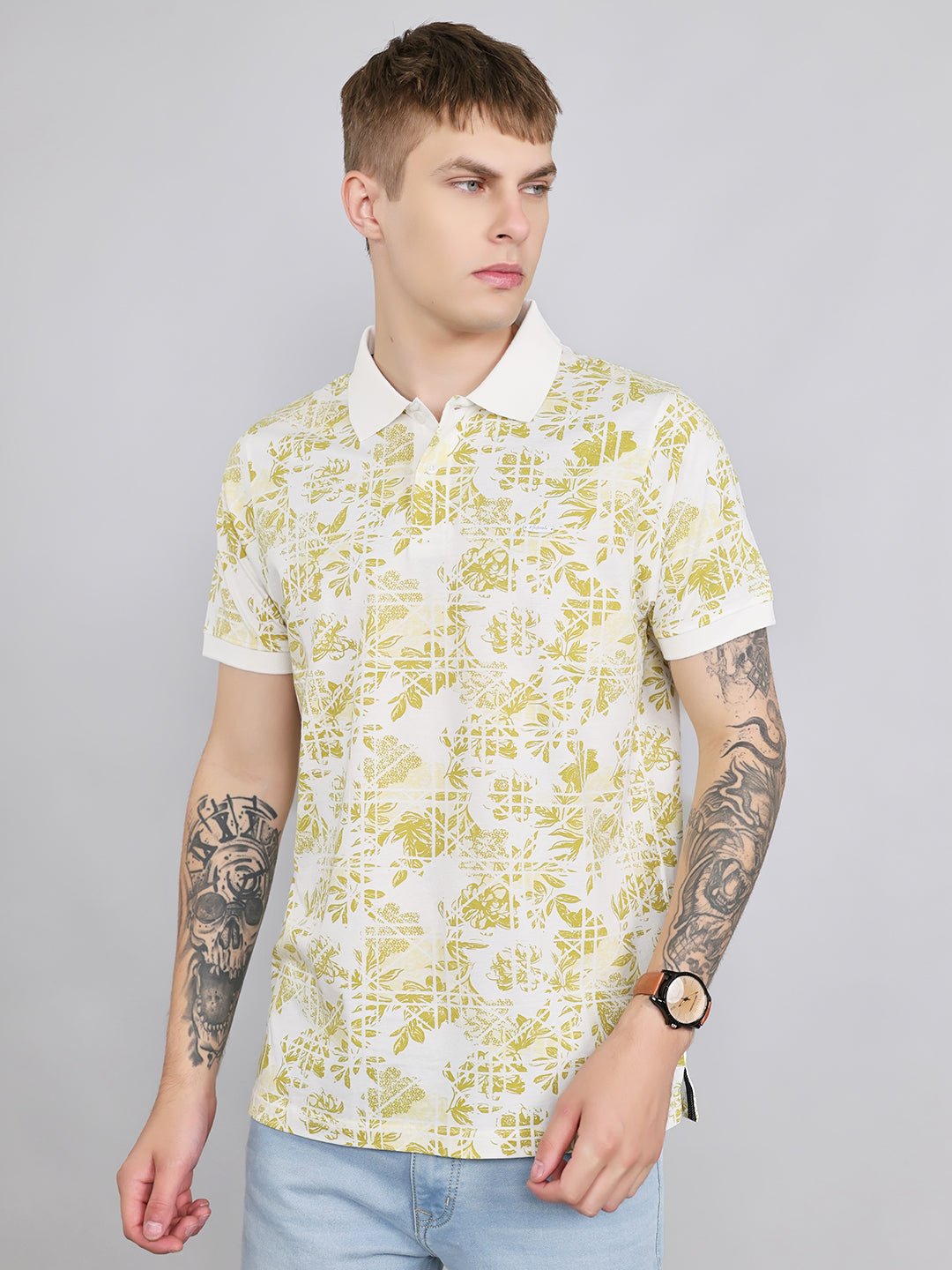 Men Yellow Printed Collar Half Sleeve T-Shirt