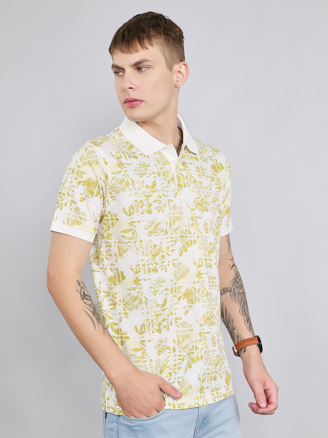 Men Yellow Printed Collar Half Sleeve T-Shirt