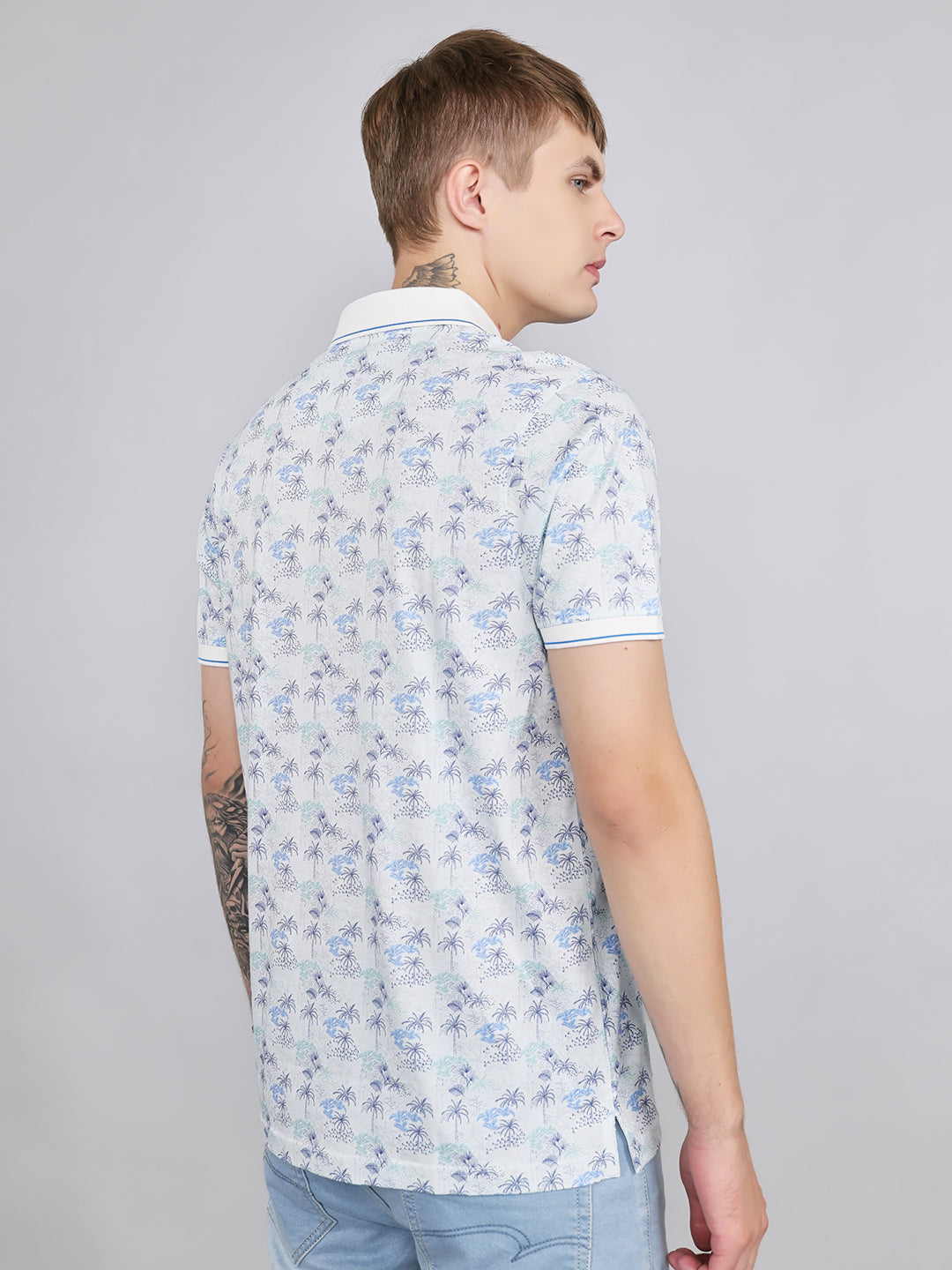 Men White Printed Collar Half Sleeve T-Shirt