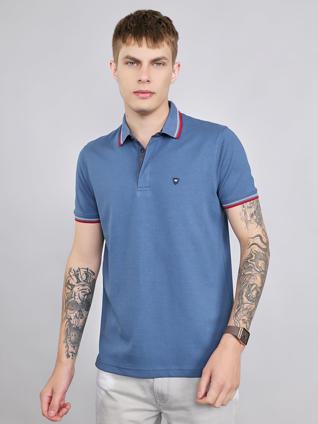 Men Blue Solid Collar Half Sleeve T-Shirt