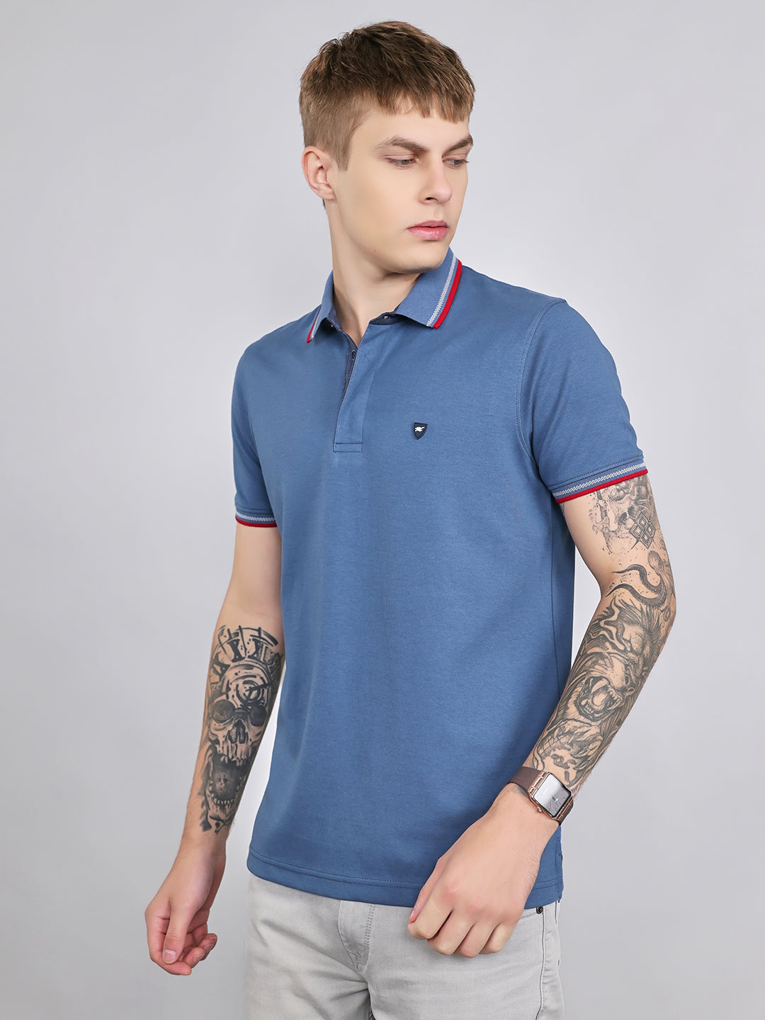Men Blue Solid Collar Half Sleeve T-Shirt