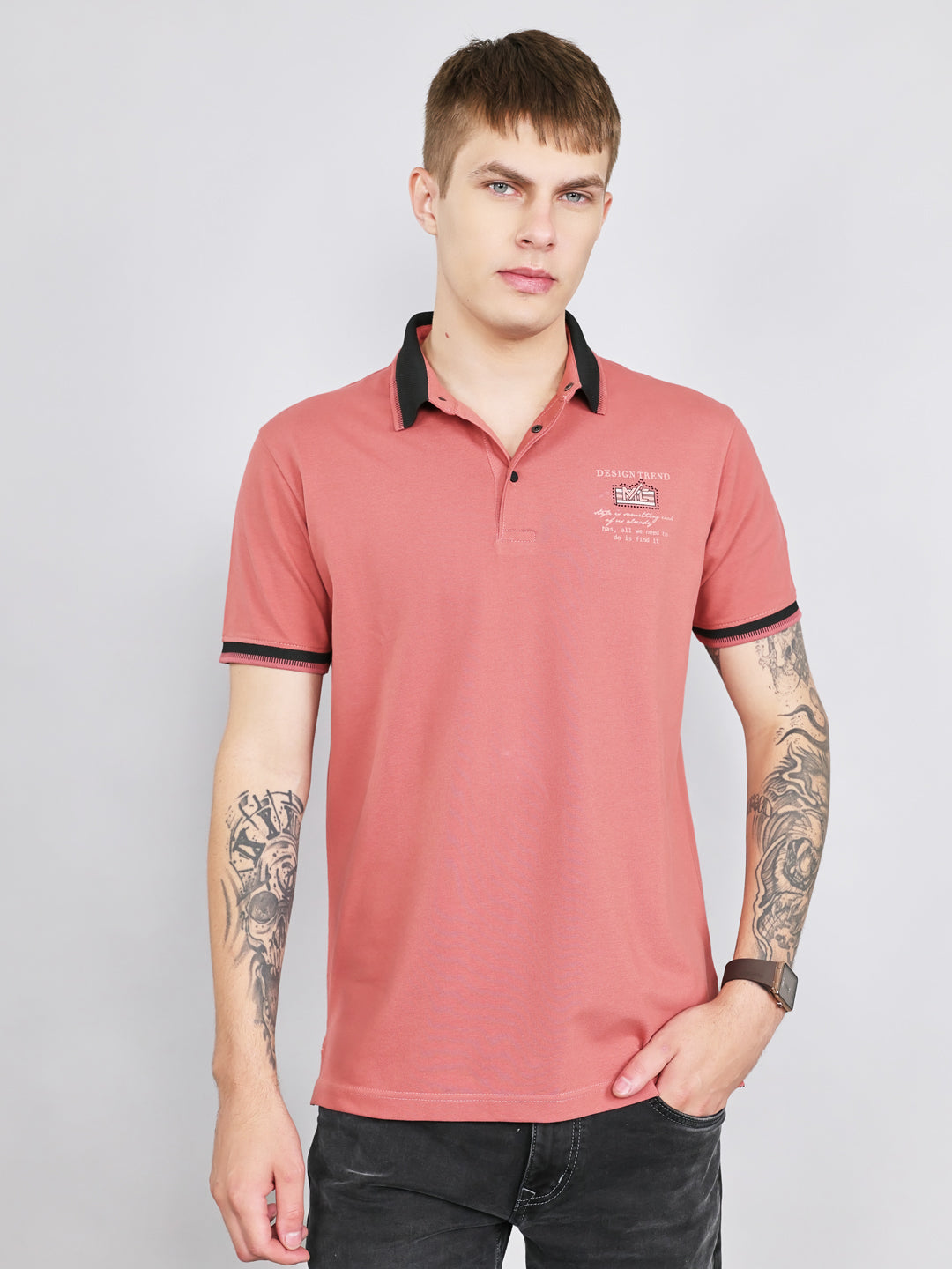 Men Rust Solid Collar Half Sleeve T-Shirt