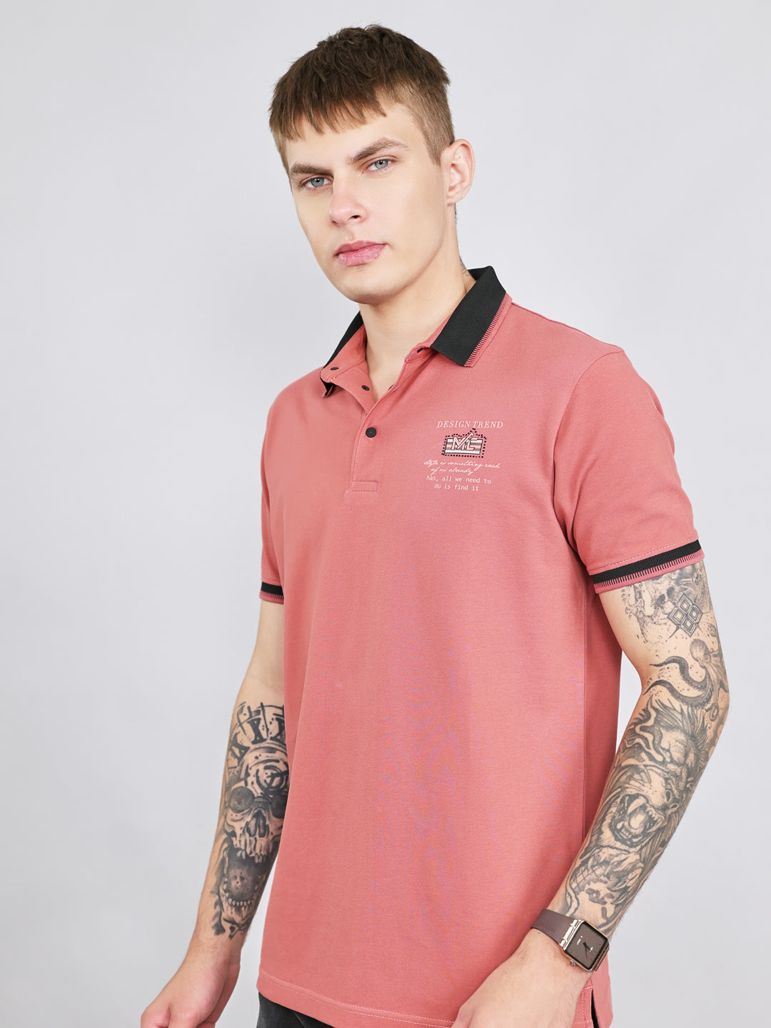 Men Rust Solid Collar Half Sleeve T-Shirt