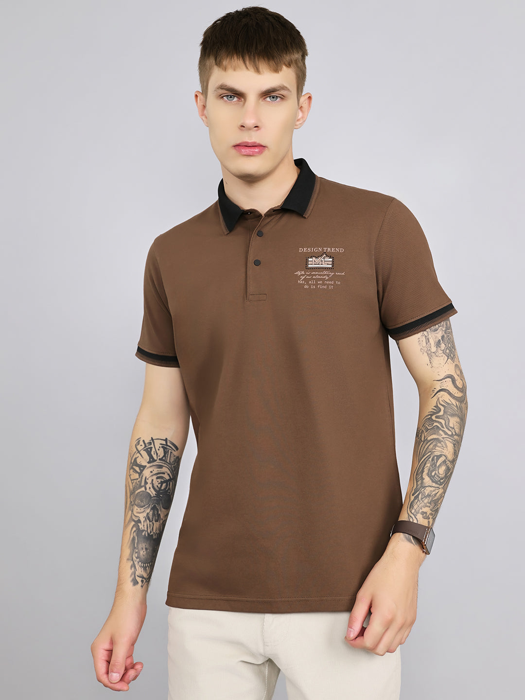 Men Brown Solid Collar Half Sleeve T-Shirt