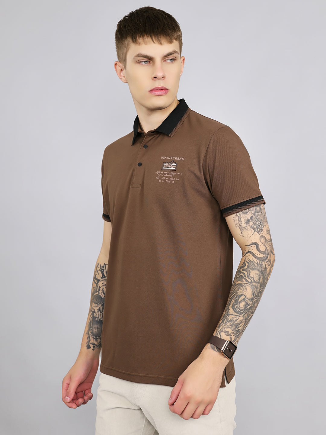Men Brown Solid Collar Half Sleeve T-Shirt