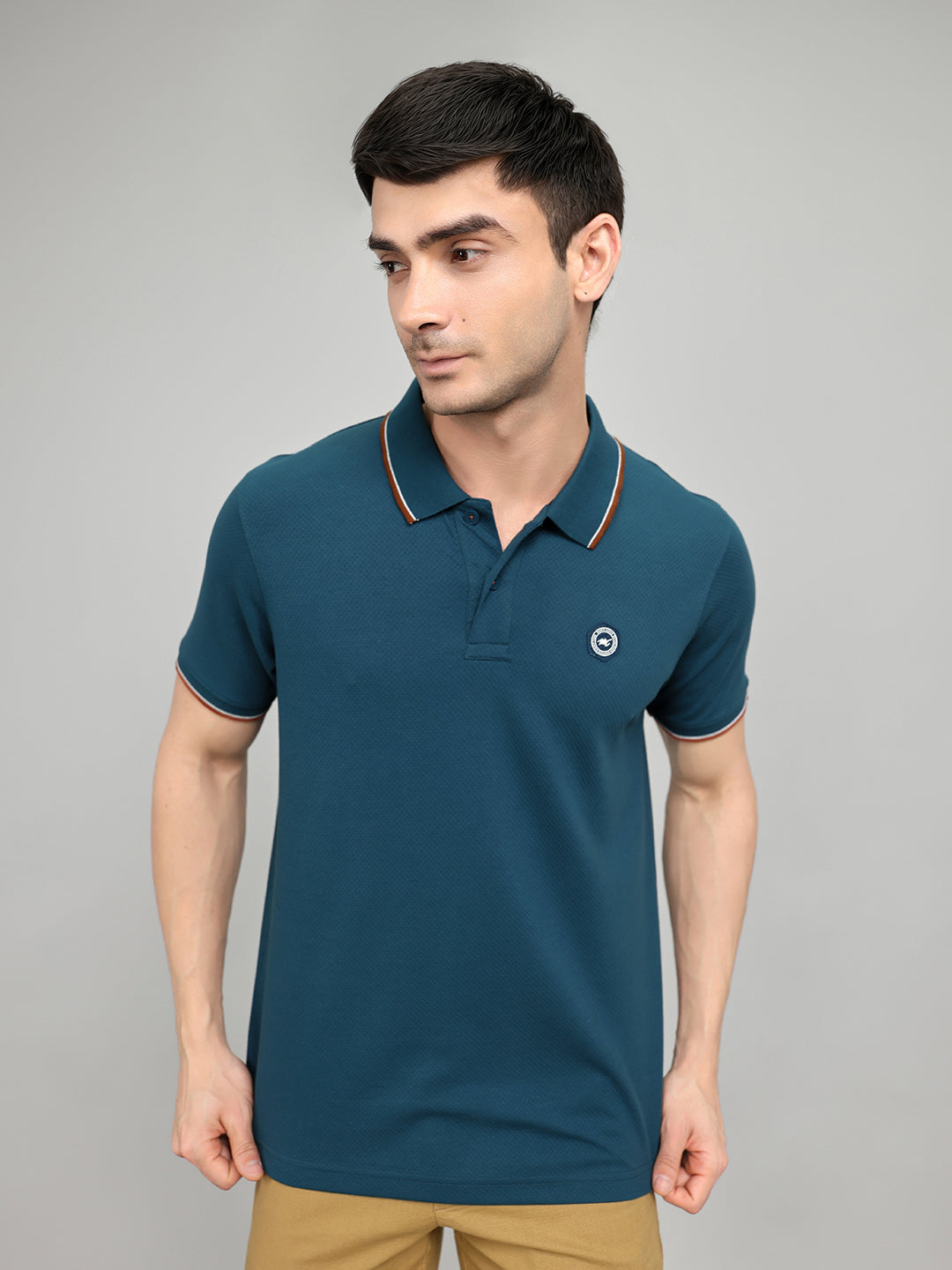 Men Teal Blue Solid Collar Half Sleeve T-Shirt