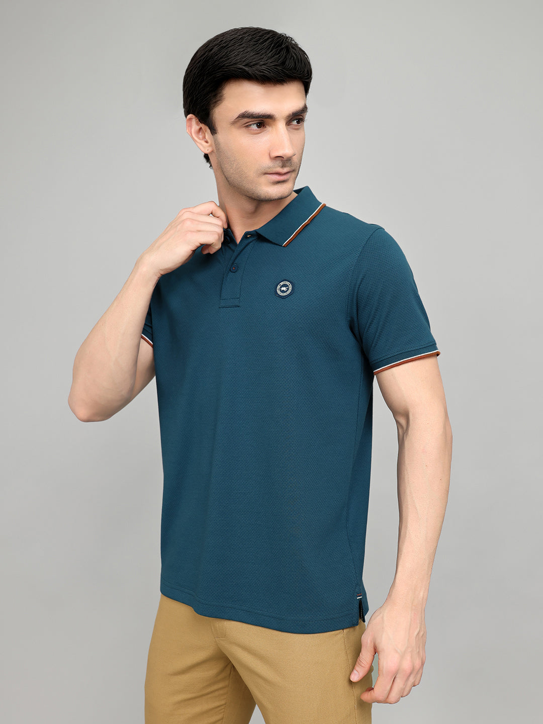 Men Teal Blue Solid Collar Half Sleeve T-Shirt