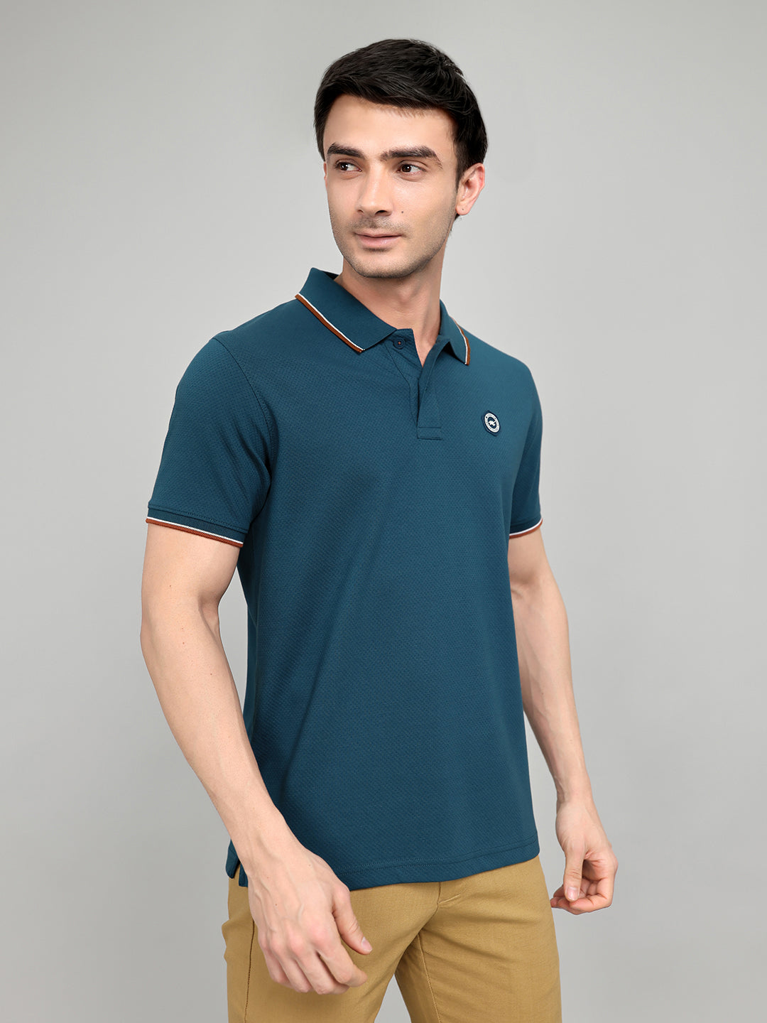 Men Teal Blue Solid Collar Half Sleeve T-Shirt