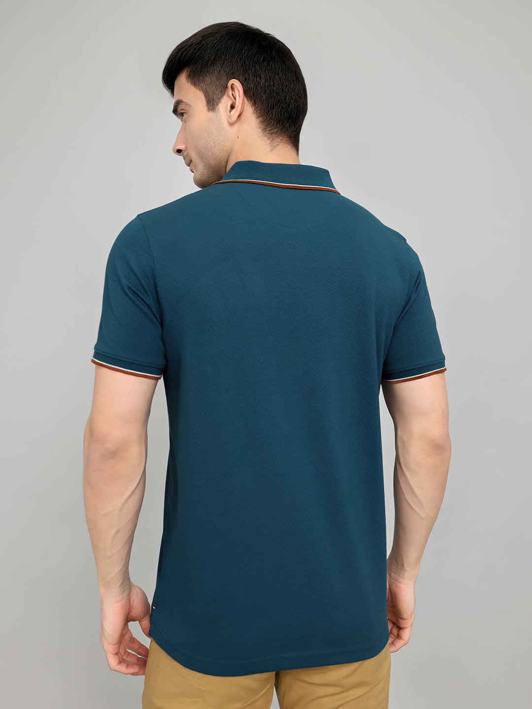 Men Teal Blue Solid Collar Half Sleeve T-Shirt