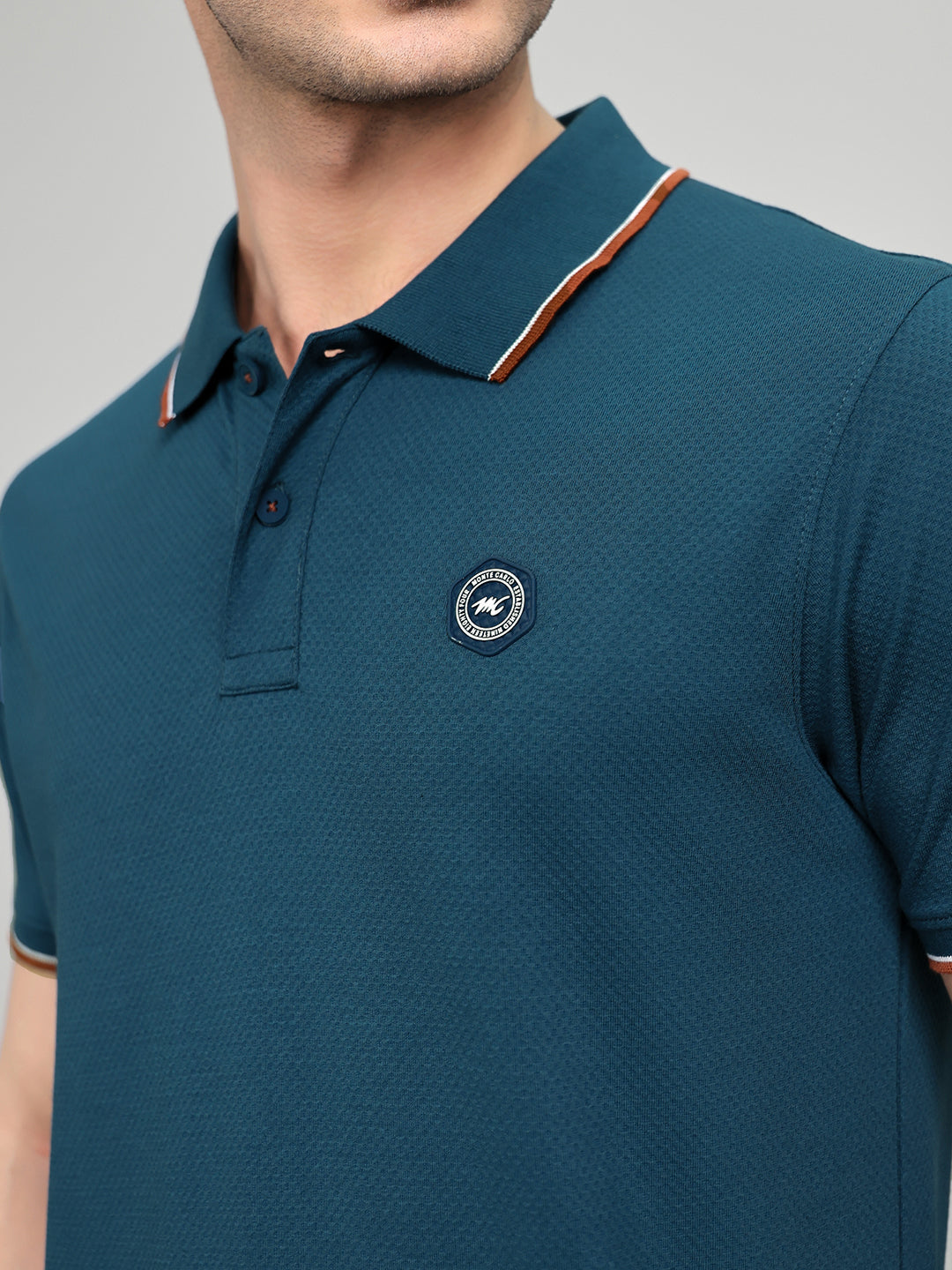 Men Teal Blue Solid Collar Half Sleeve T-Shirt