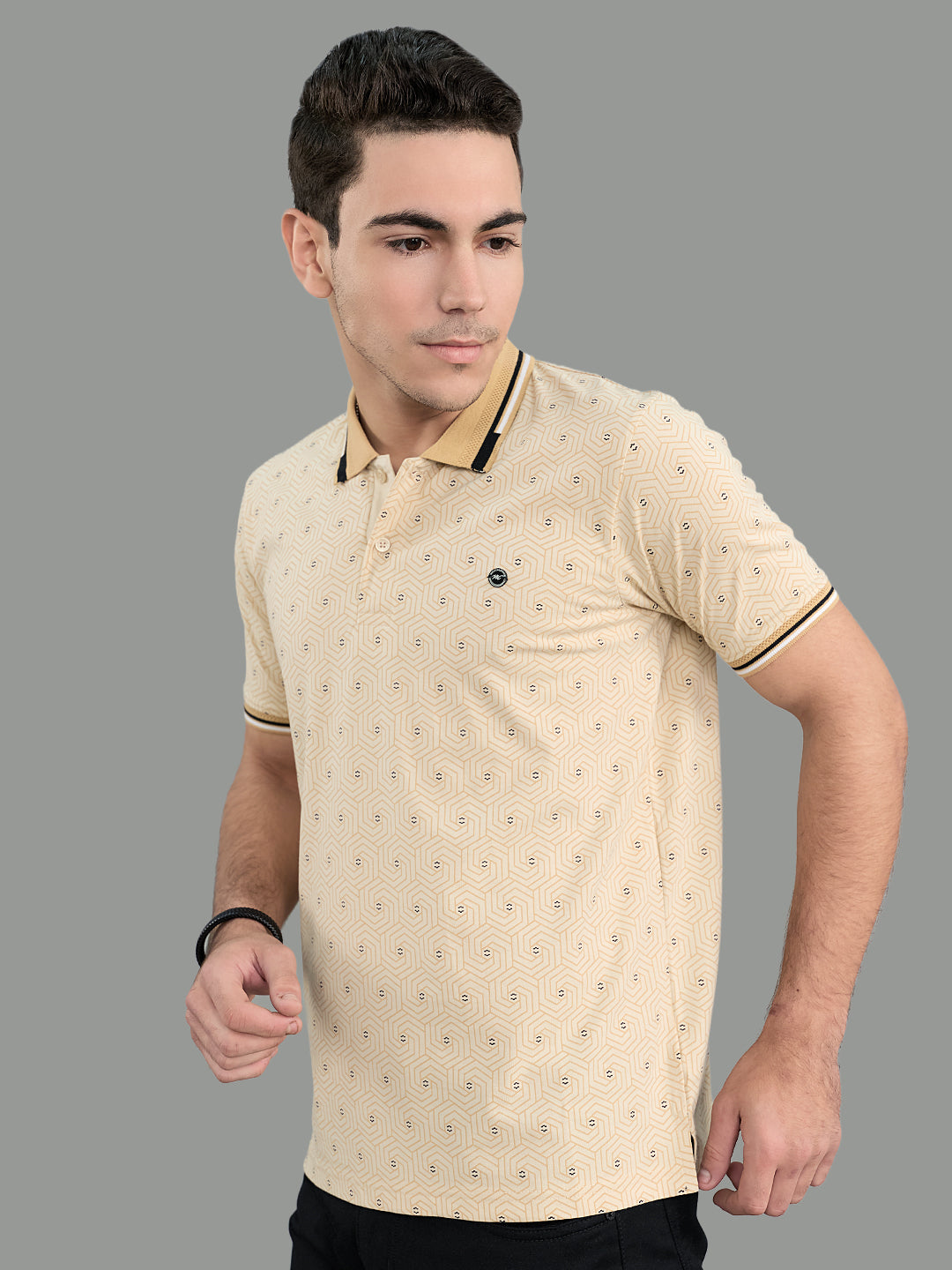 Men Beige Geometric Polo Collar Half Sleeve T-Shirt