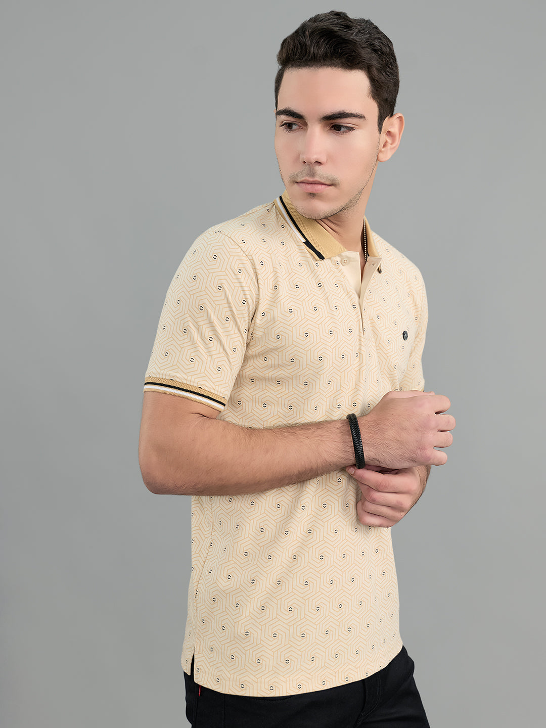 Men Beige Geometric Polo Collar Half Sleeve T-Shirt