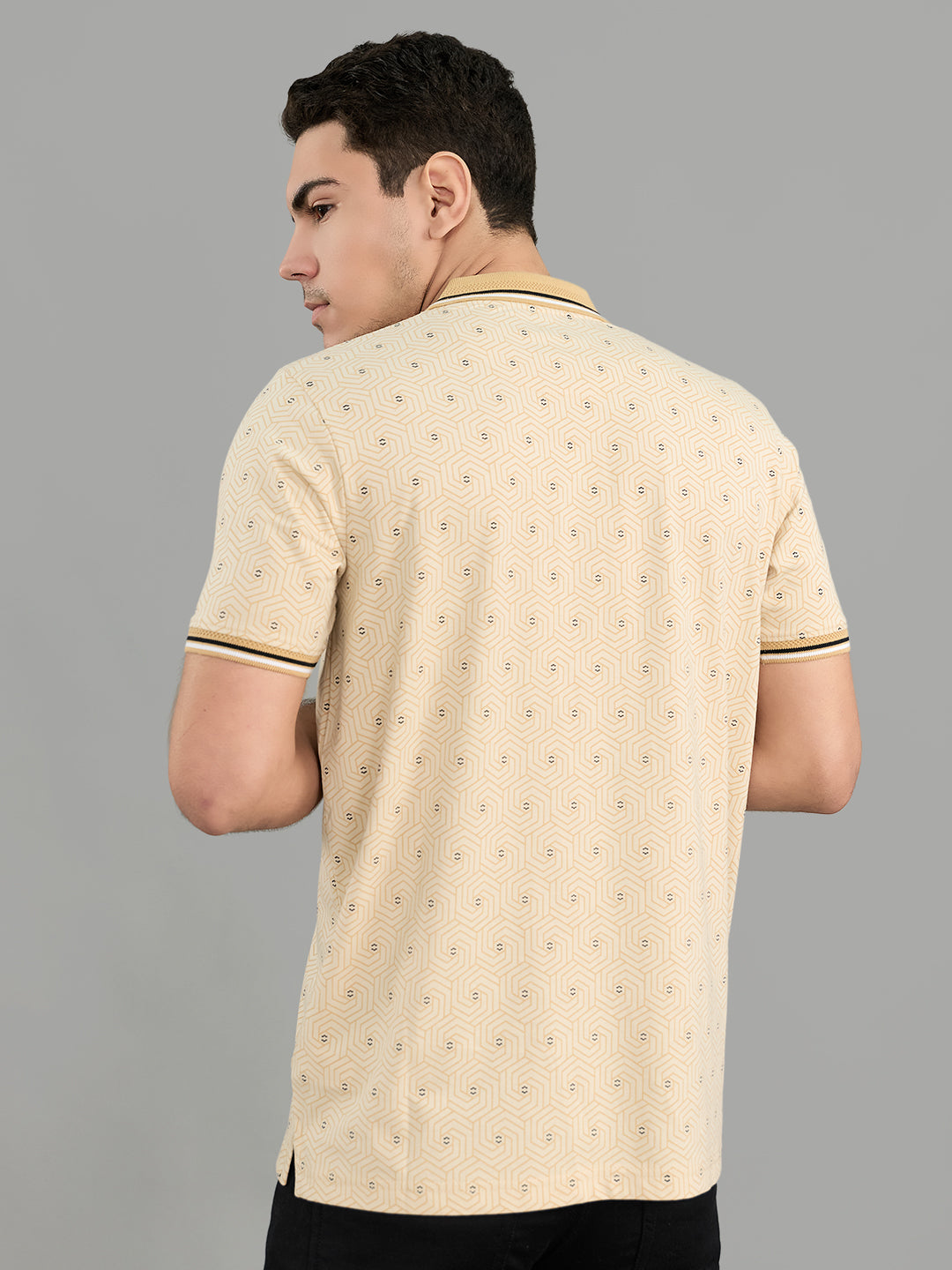 Men Beige Geometric Polo Collar Half Sleeve T-Shirt