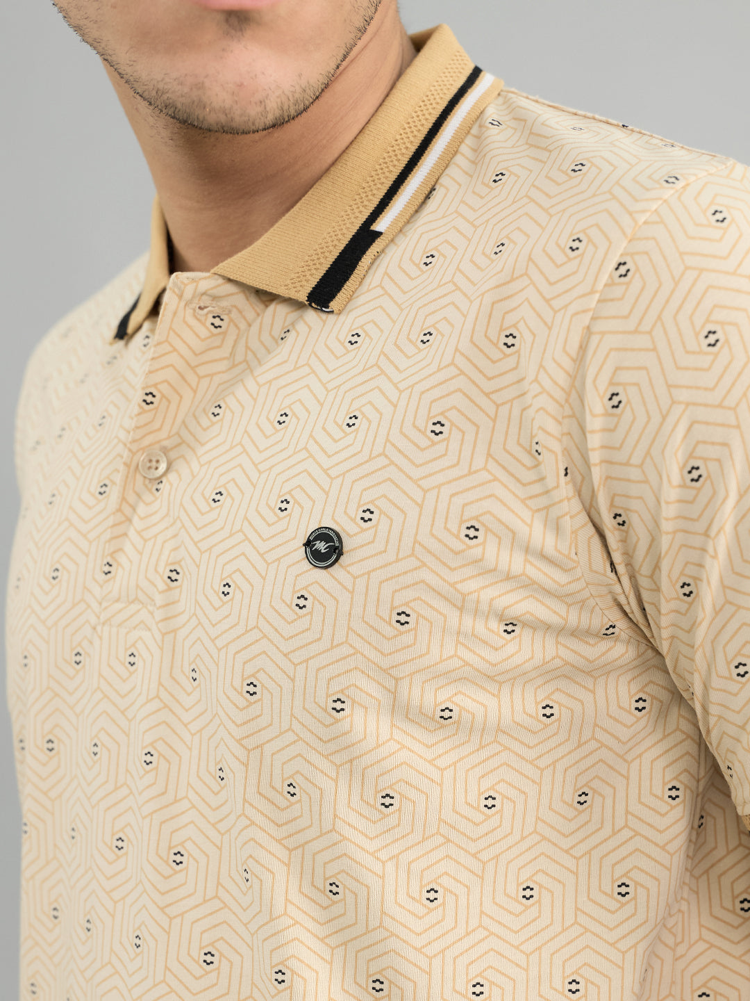 Men Beige Geometric Polo Collar Half Sleeve T-Shirt